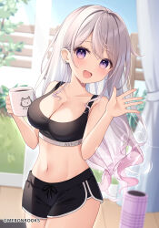 1girl :d absurdres bare_shoulders black_shorts black_sports_bra blurry blurry_background breasts cleavage collarbone commentary_request copyright_notice cowboy_shot cup curtains dolphin_shorts earrings groin highres holding holding_cup jewelry large_breasts long_hair looking_at_viewer miy@ navel open_mouth original purple_eyes shorts smile solo sports_bra stomach very_long_hair watermark waving white_hair