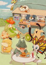 absurdres alternate_color antennae beautifly black_eyes blue_eyes burger chair closed_eyes commentary creatures_(company) cup dedenne drinking_straw fangs food french_fries game_freak gen_1_pokemon gen_2_pokemon gen_3_pokemon gen_4_pokemon gen_5_pokemon gen_6_pokemon gen_7_pokemon hat highres holding lilligant lying menu meowth mimikyu munchlax natu nintendo no_humans orange_eyes outdoors pikachu pokemon pokemon_(creature) popsicle psyduck shiny_pokemon shroomish sitting soda table tangela wings zozozoshion