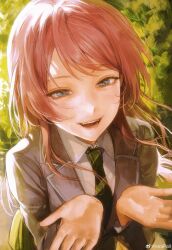 1girl absurdres bang_dream! bang_dream!_it&#039;s_mygo!!!!! chihaya_anon chinese_commentary collared_shirt diagonal-striped_clothes diagonal-striped_necktie fangs green_necktie grey_eyes grey_jacket haneoka_school_uniform highres jacket long_hair necktie open_mouth pink_hair school_uniform seapall shirt solo striped_clothes teeth upper_teeth_only watermark weibo_watermark white_shirt