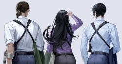 1girl 2boys alternate_hairstyle back belt black_hair cane collared_shirt facial_hair formal_clothes holding jacket long_sleeves meitantei_conan morofushi_takaaki multiple_boys okayu_idol pants ponytail shirt short_hair simple_background suit uehara_yui unworn_clothes white_shirt yamato_kansuke