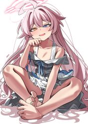 1girl absurdres ahoge barefoot between_legs blue_archive dress fang feet halo hand_between_legs hand_on_own_cheek hand_on_own_face heterochromia highres hoshino_(blue_archive) huge_ahoge long_hair panties pantyshot pink_hair pink_halo rirua_(kjom802) sitting skin_fang solo toes underwear white_background white_dress white_panties