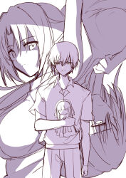 1boy 2girls arm_at_side breasts character_doll clenched_hand closed_mouth collared_shirt cowboy_shot doll expressionless frown hair_between_eyes highres higurashi_no_naku_koro_ni holding holding_doll large_breasts long_hair looking_at_viewer maebara_keiichi mahcdai monochrome multiple_girls pants ponytail purple_theme school_uniform serious shirt short_hair short_sleeves simple_background sketch sonozaki_mion sonozaki_shion upside-down v-shaped_eyebrows white_background
