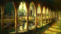 arcade_(architecture) arch bare_tree bird commentary_request day duck grass highres lily_pad nao1524 no_humans original overgrown ruins scenery tree water