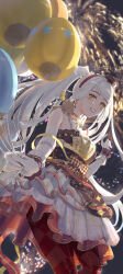 1girl absurdres aerial_fireworks argyle_bow balloon bare_shoulders black_dress black_hat black_wrist_cuffs bow choker commentary commentary_request cowboy_shot dance_till_dawn_(infinity_nikki) dress english_commentary fireworks frilled_dress frills gleam gloves grin hairband hand_up happy hat highres holding holding_balloon infinity_nikki jewelry kohanai_setsuna light_blush lipstick long_hair looking_at_viewer makeup mini_hat mini_top_hat mixed-language_commentary necklace night night_sky nikki_(series) outdoors pantyhose pleated_dress red_bow red_choker red_hairband red_lips red_pantyhose short_dress sky smile solo standing star_(symbol) star_print strapless strapless_dress stuffed_animal stuffed_toy swept_bangs teddy_bear top_hat twintails two-tone_bow two-tone_dress two-tone_wrist_cuffs very_long_hair waist_bow white_dress white_gloves white_hair white_wrist_cuffs wrist_cuffs yellow_bow yellow_eyes