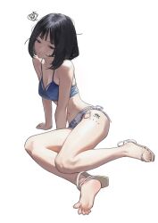 1girl bikini black_hair blue_bra bob_cut bra breasts choppy_bangs cleavage commentary_request full_body halterneck han-0v0 highres hip_tattoo navel number_tattoo original sandals side-tie_bikini_bottom sitting solo swimsuit tattoo underwear white_background