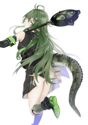 1girl arknights ass black_dress crocodilian_tail detached_sleeves dress gavial_(arknights) green_hair green_socks highres holding long_hair pointy_ears simple_background socks solo suprii tail white_background