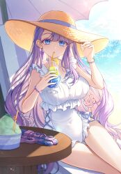 1girl absurdres adjusting_clothes adjusting_headwear asymmetrical_bangs beach beach_chair beach_umbrella bead_bracelet beads blue_eyes blue_ribbon bracelet breasts buttons chair cloud collarbone colored_eyelashes colored_inner_hair commentary commission covered_navel crossed_legs cup day drink drinking drinking_straw earrings english_commentary feet_out_of_frame fingernails flower flower_earrings food frilled_one-piece_swimsuit frills fruit hair_flower hair_ornament hair_over_shoulder hand_on_headwear hands_up hat highres holding holding_cup ice ice_cube iyar jewelry large_breasts lemon lemon_slice lens_flare light_particles light_rays long_hair looking_at_viewer multicolored_hair multicolored_nails nail_polish on_chair one-piece_swimsuit orange_hat original pink_flower pink_hair pink_rose purple_flower purple_hair ribbon ring rose round_table shaved_ice sitting solo sparkle sun_hat sunbeam sunlight swimsuit table two-tone_hair umbrella very_long_hair water water_gun wet white_one-piece_swimsuit