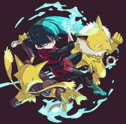 1girl absurdres alakazam boots colored_skin creatures_(company) energy eudetenis full_body game_freak gen_1_pokemon green_footwear green_hair highres holding holding_pendulum holding_spoon hypno long_hair nintendo pendulum pokemon pokemon_lgpe red_eyes sabrina_(pokemon) spoon yellow_skin