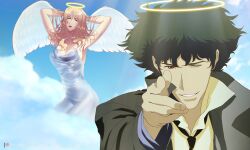 1boy 1girl absurdres angel angel_wings blonde_hair blue_eyes breasts brown_eyes cloud coat couple cowboy_bebop curly_hair formal_clothes green_hair halo happyboynumber1 happyboyworld heaven heaven&#039;s_door highres julia_(cowboy_bebop) large_breasts lipstick lucy_guusi makeup navel one_eye_closed outdoors sideboob sky spike_spiegel suit trench_coat wings