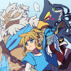 ... 3boys ? alternate_hairstyle armor beak beard belt big_hair bird_boy black_eyes blonde_hair blue_background blue_eyes blue_fur blue_hair blue_scarf blue_shirt blush_stickers body_fur breastplate chain closed_mouth daruk day dutch_angle earrings facial_hair forked_eyebrows furry furry_male goron green_eyes hair_tie jewelry layered_sleeves link long_hair long_sleeves male_focus multiple_boys mustache nintendo outdoors pointy_ears ponytail revali rito sash scarf shirt short_hair short_over_long_sleeves short_sleeves shoulder_pads sidelocks simple_background speech_bubble standing sweat the_legend_of_zelda the_legend_of_zelda:_breath_of_the_wild thick_eyebrows thought_bubble two-tone_fur ukata undershirt upper_body v-shaped_eyebrows white_fur white_hair
