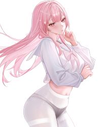 1girl absurdres flower hair_flower hair_ornament highres hololive hololive_english long_hair mori_calliope navel panties pantyhose pink-bow pink_eyes pink_flower pink_hair see-through_clothes simple_background solo underwear virtual_youtuber white_background white_pantyhose whywumi