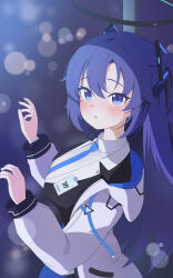 1girl absurdres black_halo black_jacket blue_archive blue_necktie blurry blush breasts commentary fortysansan hair_ornament halo highres jacket large_breasts long_hair mechanical_halo millennium_science_school_logo necktie purple_eyes purple_hair shirt solo twintails white_jacket white_shirt yuuka_(blue_archive)