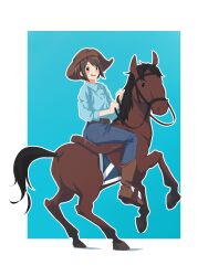 1girl absurdres blue_background blue_shirt boots border brown_boots brown_eyes brown_hair brown_hat denim hat hibike!_euphonium highres horseback_riding jeans outside_border pants reins riding rikka_koukou_marching_band_e_youkoso saddle sezaki_mirai shirt short_hair so_ishi_shun_(hayahaya) solo stirrups_(riding) white_border