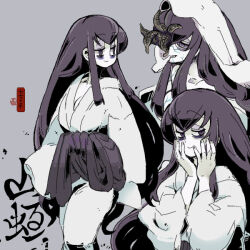 1girl 770mk animal_on_face bags_under_eyes breasts cleavage closed_mouth colored_sclera colored_veins grey_background half-closed_eyes hands_on_own_cheeks hands_on_own_face headscarf japanese_clothes kimono large_breasts leech long_hair long_sleeves looking_ahead looking_at_viewer missing_eye mouth_hold multiple_views original pale_skin purple_eyes purple_hair purple_sclera raised_eyebrow simple_background smile translation_request veins white_kimono
