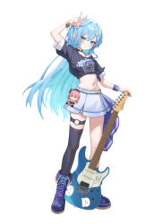 1girl absurdres alternate_costume arm_up asymmetrical_legwear black_choker black_shirt black_socks black_thighhighs blue_boots blue_eyes blue_hair boots character_name choker colored_inner_hair double-parted_bangs electric_guitar fold-over_boots full_body guitar hair_between_eyes highres holding holding_guitar holding_instrument hololive hoshimachi_suisei instrument jewelry kneehighs lace-up_boots long_hair looking_at_viewer midriff miniskirt multicolored_hair navel necklace o-ring o-ring_thigh_strap sakura_miko shirt sidelocks simple_background single_kneehigh single_sock single_thighhigh skirt socks solo star_(symbol) star_in_eye suis_(suis022511) symbol_in_eye t-shirt thigh_strap thighhighs tied_shirt uneven_legwear very_long_hair virtual_youtuber w white_background white_shirt white_skirt wristband