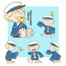 1boy asertr bandage_over_one_eye bandaged_foot bandages barefoot bird blonde_hair border character_name charles_schulz_(style) flipped_hair hug james_(vocaloid) long_sleeves male_focus oliver_(vocaloid) shorts sleeves_past_wrists smile solo vocaloid white_border woodstock