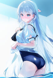 1girl =_hair_ornament absurdres adapted_costume ascot ass black_ascot blue_eyes blue_one-piece_swimsuit blush clothes_lift commentary_request cowboy_shot eyelashes from_side hair_behind_ear hair_between_eyes hair_ornament hair_over_shoulder hair_ribbon hairclip highres lifting_own_clothes long_hair looking_at_viewer miiizuno_lbs naruse_shiroha one-piece_swimsuit parted_lips pink_ribbon puffy_short_sleeves puffy_sleeves revision ribbon sailor_collar school_uniform serafuku shirt shirt_lift short_sleeves sidelocks solo summer_pockets summer_pockets_school_uniform swimsuit very_long_hair wading water wet white_hair white_sailor_collar white_shirt