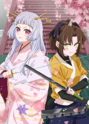 2girls absurdres anime_coloring anju_(artist) arima_kana brown_hair cherry_blossoms closed_mouth commentary_request floral_print highres holding holding_sword holding_weapon horns japanese_clothes jewelry kimono kurokawa_akane long_hair looking_at_viewer multiple_girls oshi_no_ko partial_commentary pink_eyes pink_kimono ring sayahime_(tokyo_blade) single_horn stairs sword tsurugi_(tokyo_blade) weapon white_hair yellow_eyes yellow_kimono