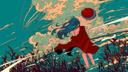 1girl ahoge aircraft airplane arms_at_sides artdroiiid_ii balloon blue_hair blue_sky cloud cloudy_sky contrail cumulonimbus_cloud day dutch_angle floating_hair from_behind highres holding holding_balloon jacket jacket_partially_removed long_hair long_sleeves ocean off_shoulder original outdoors red_jacket reeds scenery shirt shorts sky sleeveless sleeveless_shirt solo standing wading waves white_shirt wide_shot wind