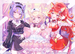 Rule 34 | 3girls, :d, ahoge, animal ear fluff, animal ears, bare shoulders, black dress, black hairband, blonde hair, blue hair, blush, camisole, cat ears, cat girl, cat tail, closed mouth, cloud hair ornament, commentary request, copyright notice, cowboy shot, dress, fangs, frilled dress, frills, hair ornament, hairband, hand up, hat, headphones, headphones around neck, highres, kappe reeka, long hair, long sleeves, multicolored hair, multiple girls, nyamaharu eru, nyamakage neon, nyamakumo fuwari, nyantasia, official art, open mouth, pink eyes, polka dot, polka dot scrunchie, ponytail, purple hair, red camisole, red eyes, red hair, red scrunchie, scrunchie, short hair, smile, star (symbol), star hair ornament, streaked hair, tail, virtual youtuber, white hat, wrist scrunchie, yellow dress