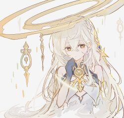 1girl bare_shoulders braid breasts bright_pupils closed_mouth dress genshin_impact hair_between_eyes hair_ornament halo hand_on_own_chin hand_up highres istaroth_(genshin_impact) long_hair pale_skin purple_hands ri_pi_o sketch solo star_(symbol) stroking_own_chin upper_body very_long_hair white_dress white_hair white_pupils yellow_eyes