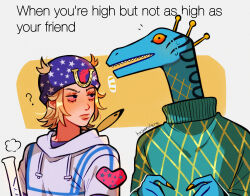 2boys artist_name blonde_hair bloodshot_eyes blue_hat bong commentary diego_brando dinosaur english_commentary english_text feathers green_sweater hat heart highres horseshoe huyandere johnny_joestar jojo_no_kimyou_na_bouken male_focus multiple_boys scary_monsters_(stand) signature stand_(jojo) star_(symbol) star_print steel_ball_run sweat sweater turtleneck turtleneck_sweater