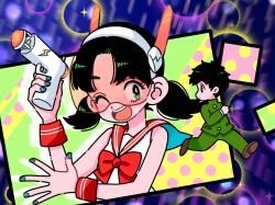 Rule 34 | 1boy, 1girl, black hair, blue nails, bow, brown flower, bubble, energy gun, eyelashes, flower, fujishima moyu, gakuran, green eyes, green gakuran, green jacket, green pants, gun, highres, holding, holding gun, holding weapon, jacket, nail polish, one eye closed, open mouth, original, pants, ray gun, red bow, running, school uniform, shirt, twintails, weapon, white shirt, wrist cuffs