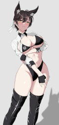 1girl absurdres alternate_hair_length alternate_hairstyle animal_ears arm_under_breasts atago_(azur_lane) atago_(stunning_speedster)_(azur_lane) azur_lane bikini black_bikini black_gloves blush boots breast_rest breasts brown_hair fingerless_gloves gloves groin hair_between_eyes half-closed_eyes highleg highleg_bikini highres hip_focus holding_own_arm kei4 large_breasts looking_at_viewer medium_breasts midriff mole mole_under_eye navel shirt short_hair shrug_(clothing) skindentation smile smug solo stomach swimsuit thigh_boots thighs very_short_hair white_shirt yellow_eyes