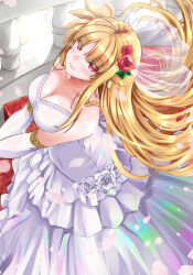 1girl alternate_costume bare_shoulders blonde_hair breasts breasts_squeezed_together bridal_veil cleavage closed_mouth collarbone commentary_request dress elbow_gloves fate_testarossa flower gloves hair_flower hair_ornament highres indoors large_breasts long_dress long_hair looking_at_viewer looking_up lyrical_nanoha mahou_shoujo_lyrical_nanoha mahou_shoujo_lyrical_nanoha_strikers red_eyes solo sougetsu_izuki standing strapless strapless_dress veil very_long_hair wedding_dress white_dress white_gloves