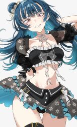 Rule 34 | 1girl, absurdres, birthday, blue hair, breasts, collarbone, commentary, fang, fuu taro, grin, hair bun, highres, long hair, looking at viewer, love live!, love live! sunshine!!, midriff, navel, red eyes, single side bun, small breasts, smile, solo, tsushima yoshiko