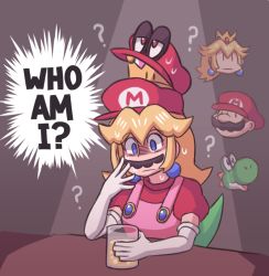 1girl ? ayyk92 cappy_(mario) confused cup drinking_glass earrings elbow_gloves empty_eyes english_text facial_hair gloves mario mario_(series) mustache nervous_sweating new_super_mario_bros._u_deluxe nintendo overalls pink_overalls possessed princess_peach sitting sphere_earrings stacked_hats super_crown super_mario_64 super_mario_odyssey sweat yoshi