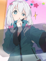 1girl :o blue_eyes blush bow commentary_request eromanga_sensei green_jacket hair_bow holding holding_stylus ixy izumi_sagiri jacket long_sleeves looking_at_viewer pink_bow sky solo sparkle star_(symbol) stylus tablet_pc white_hair