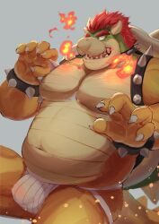1boy absurdres armlet bara bare_pectorals belly biceps bowser bracelet breath_weapon breathing_fire bulge claw_pose claws collar commentary english_commentary fangs fire furry furry_male highres horns huto_futon jewelry jockstrap looking_to_the_side male_focus male_underwear mario_(series) muscular muscular_male navel nintendo open_mouth pectorals plump red_hair spiked_armlet spiked_bracelet spiked_collar spiked_shell spikes topless_male underwear white_male_underwear