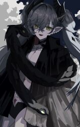 1girl 1smyow absurdres black_jacket black_panties breasts fate/grand_order fate_(series) green_eyes highres horns jacket lilith_(fate) lilith_(second_ascension)_(fate) long_hair looking_at_viewer open_mouth panties pointy_ears pubic_tattoo smile snake solo tattoo twintails underwear white_hair