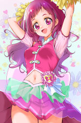 1girl absurdres arms_up blush commentary_request cosplay cropped_shirt cure_yell cure_yell_(cosplay) detached_sleeves floral_background hair_ornament hairclip highres holding holding_pom_poms hugtto!_precure kakikakilemon long_hair magical_girl midriff navel nono_hana open_mouth partial_commentary pink_eyes pink_hair pink_shirt pink_skirt pleated_skirt pom_pom_(cheerleading) pom_poms precure see-through_clothes see-through_sleeves shirt skirt smile solo