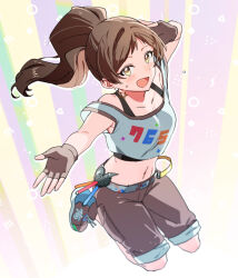 Rule 34 | 1girl, alternate costume, belt, brown eyes, brown gloves, brown hair, brown shoes, crop top, fingerless gloves, full body, gloves, idolmaster, idolmaster million live!, kitazawa shiho, looking at viewer, midriff, navel, open mouth, ponytail, shirop imas, shoes, smile, sneakers, solo, street hopper (idolmaster), sweatdrop, tank top, white tank top