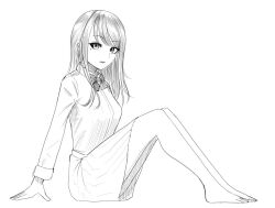 1girl arm_support barefoot bow bowtie full_body greyscale long_hair looking_at_viewer mizro_oekamia mole mole_under_eye monochrome original parted_lips school_uniform shirt skirt solo