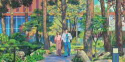 1boy 1girl bench black_hair brown_hair building chae_song-hwa commentary cup day disposable_coffee_cup disposable_cup english_commentary eniddin fence glasses grass highres holding holding_cup hospital_playlist leaf lee_ik-joon outdoors pants plant scenery short_hair standing tree wide_shot