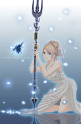 1girl absurdres bare_shoulders blue_background blue_eyes braid closed_mouth collarbone commentary_request copyright_name crown_braid dress final_fantasy final_fantasy_xv highres holding holding_polearm holding_weapon kneeling lips looking_at_viewer lunafreya_nox_fleuret petals pink_lips polearm reflection reflective_floor simple_background sleeveless sleeveless_dress solo spirasen trident weapon white_dress