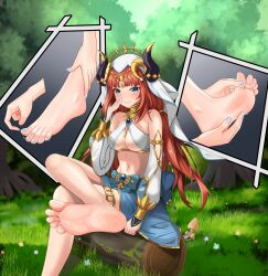 1girl absurdres barefoot blue_eyes blush crossed_legs feet foot_focus genshin_impact highres long_hair looking_at_viewer nail_polish nilou_(genshin_impact) parted_lips red_hair sitting soles sweat toenail_polish toenails toes yayu_(user_ykug3338)