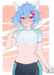 1girl ahoge animal_ears bike_shorts black_bra black_shorts blue_hair blue_shirt blue_shorts blush bra breasts can cat_ears crop_top energy_drink hair_between_eyes hair_ornament hairclip hand_up highres holding holding_can looking_at_viewer medium_breasts medium_hair midriff navel nekobao original parted_lips red_eyes see-through_clothes shirt short_sleeves shorts sweat two-tone_shirt two-tone_shorts underwear white_shirt