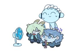 1boy 2girls ako_(blue_archive) all_fours animal_ear_fluff animal_ears bell blonde_hair blue_archive blue_eyes blue_hair blue_halo blue_jacket chibi chibi_only closed_eyes cowbell dog_ears doodle_sensei_(blue_archive) electric_fan halo highres hot jacket kanna_(blue_archive) multiple_girls necktie open_mouth police police_uniform policewoman sakano_akr sensei_(blue_archive) skirt sweat sweatdrop thighhighs tongue tongue_out white_background