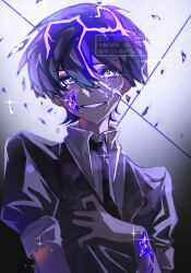Rule 34 | 1boy, absurdres, alternate costume, arm at side, black necktie, clutching chest, collar, collared shirt, contemporary, cracked skin, crystal shards, eyeliner, eyeshadow, formal clothes, gem, genshin impact, glint, glowing, glowing eyes, hair between eyes, hand on own chest, hand up, highres, houseki no kuni, jacket, lapels, looking at viewer, makeup, male focus, necktie, nero hanken, parted lips, puffy sleeves, purple eyes, purple gemstone, purple hair, purple sleeves, purple suit, purple theme, red eyeliner, red eyeshadow, scaramouche (genshin impact), shirt, short sleeves, smile, solo, suit, suit jacket, teardrop, tears, upper body, watermark, white collar, white mouth, white shirt