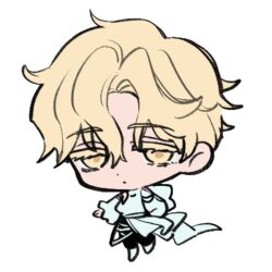 1boy alien_stage black_pants blonde_hair chibi chibi_only commentary english_commentary full_body long_sleeves lubya luka_(alien_stage) male_focus pants shirt shoes short_hair simple_background solo very_short_hair white_background white_shirt white_shoes yellow_eyes