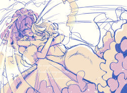 2girls artist_name backless_dress backless_outfit blush bridal_veil closed_eyes commentary_request dated dress gundam gundam_suisei_no_majo hug izumiya_otoha miorine_rembran multiple_girls open_mouth short_hair suletta_mercury thick_eyebrows twitter_username veil watermark wedding_dress yuri