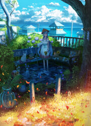 1girl autumn_leaves blue_eyes blue_flower blue_hair blue_sky braid bucket building cat cloud collarbone cumulonimbus_cloud day detached_sleeves dog dress flower hat highres holding holding_flower hydrangea jewelry leaf long_hair looking_at_viewer necklace original outdoors scenery shuu_illust single_detached_sleeve sky sleeping_animal solo standing straw_hat sunflower tree twin_braids very_long_hair white_cat white_dress white_footwear window
