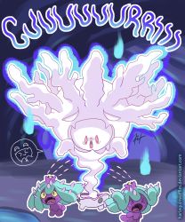 Rule 34 | &gt; &lt;, absurdres, aura, cave, closed eyes, commentary, commentary typo, cursola, dark aura, deviantart username, english commentary, fangs, fleeing, gameplay mechanics, gen 7 pokemon, gen 8 pokemon, harlequinwaffles, highres, mareanie, nintendo, no humans, open mouth, outline, pokemon, pokemon (creature), pokemon focus, running, signature, tongue, water, watermark, web address, white outline