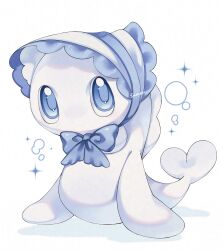 alternate_color blue_bonnet blue_bow blue_eyes bonnet bow commentary full_body highres iwasi_29 nintendo no_humans pokemon pokemon_(creature) pokemon_focus shadow shiny_pokemon simple_background solo sparkle symbol-only_commentary tatsugiri white_background