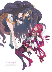 2girls ao-chan_(ninomae_ina&#039;nis) asymmetrical_wings black_collar black_dress black_gloves blue_eyes blunt_bangs book center-flap_bangs closed_mouth clothing_cutout collar commentary crystal_wings detached_sleeves detached_wings double_halo dress dress_flower english_commentary feathered_wings flower full_body fur-trimmed_collar fur_trim gloves gradient_hair halo heterochromia highres holding holding_book hololive hololive_english horns irys_(hololive) irys_(irys_2.0)_(hololive) juliet_sleeves long_hair long_sleeves looking_at_another low-tied_long_hair low_wings miniskirt mismatched_wings mole mole_under_eye multicolored_hair multiple_girls ninomae_ina&#039;nis ninomae_ina&#039;nis_(1st_costume) okobo open_mouth orange_hair pink_eyes platform_sandals pleated_skirt pointy_ears puffy_sleeves purple_hair purple_skirt purple_thighhighs red_shoes sandals shoes short_dress shoulder_cutout sidelocks simple_background single_detached_sleeve single_thighhigh skirt smile star_halo straight_hair strapless strapless_dress strappy_heels tabi tentacle_hair tentacles thighhighs tube_dress very_long_hair vinhnyu virtual_youtuber waist_cape white_background white_dress white_thighhighs white_wings wide_sleeves wings yellow_skirt