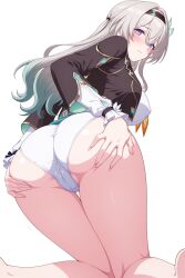 ass blush breasts firefly_(honkai:_star_rail) grey_hair hands_on_own_ass highres honkai:_star_rail honkai_(series) large_breasts long_hair looking_back multicolored_eyes multicolored_hair panties raygun19 two-tone_eyes underwear white_background white_panties